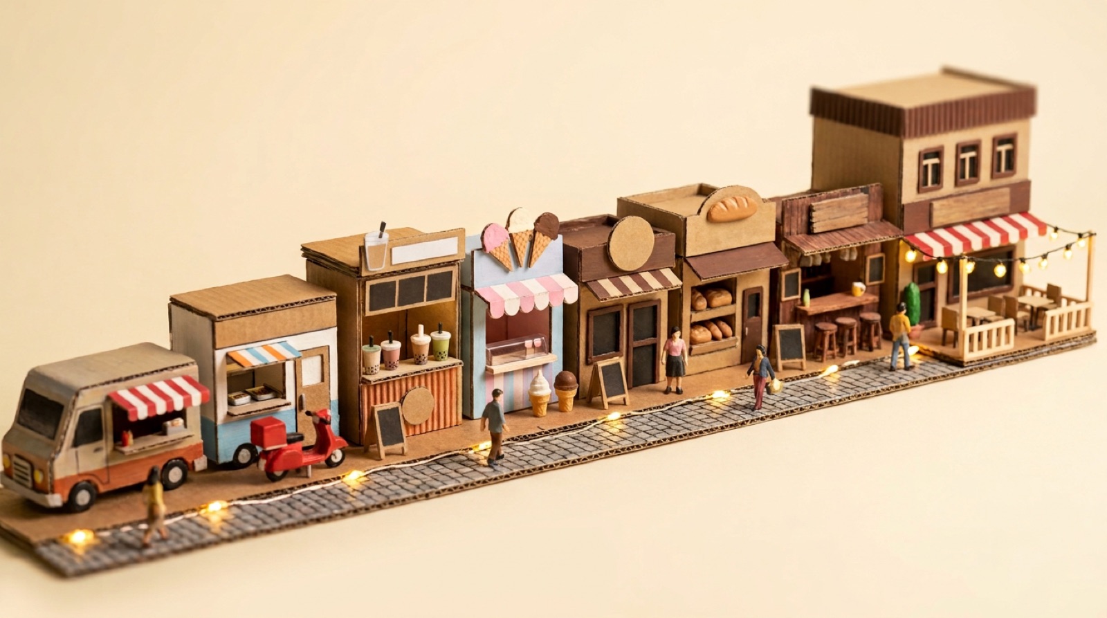 Miniature model street of eight tiny food businesses: food truck, cloud kitchen, boba shop, ice cream shop, coffee shop, bakery, bar, and restaurant